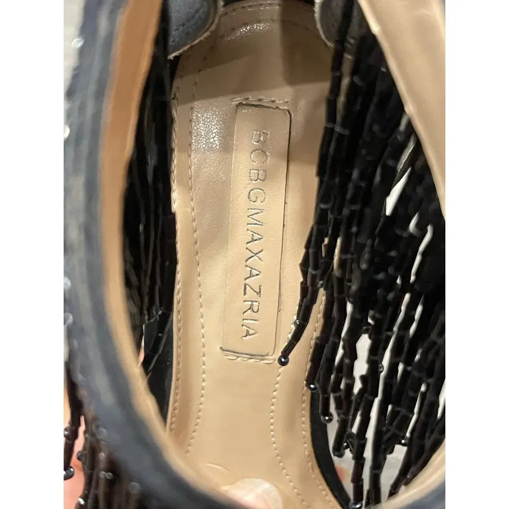 BCBGMAXAZRIA Devine Beaded Fringe Heels Women 8M Black Satin Stiletto Sandals